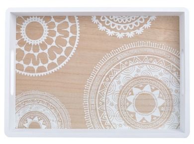 Drewniana taca, beżowo-biała, 34-24-4.5 cm
