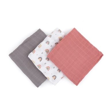 Petite&Mars, Moussy, pieluszka z muślinu bambusowego, Rose Rainbows, 68-68 cm, 3 szt.