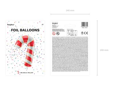 PartyDeco, balon foliowy, Cukrowa laska, 50-82 cm, czerwony