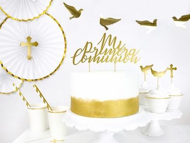 PartyDeco, Złota Pierwsza Komunia Święta, toppery, dekoracja na tort komunijny, złote, 31,5 cm, 6 szt.