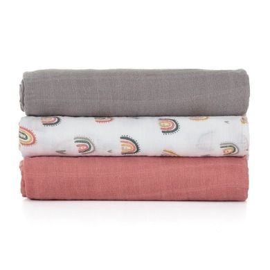 Petite&Mars, Moussy, pieluszka z muślinu bambusowego, Rose Rainbows, 68-68 cm, 3 szt.