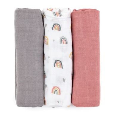 Petite&Mars, Moussy, pieluszka z muślinu bambusowego, Rose Rainbows, 68-68 cm, 3 szt.