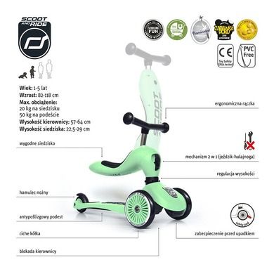 Scoot & Ride, Highwaykick 1, jeździk i hulajnoga 2w1, Kiwi