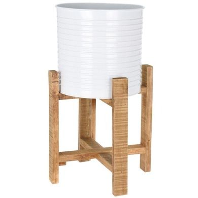 Home Styling Collection, doniczka na drewnianym stojaku, metalowa, 2 szt., biała