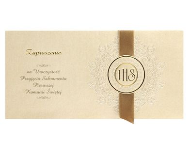 PartyDeco, zaproszenia komunijne ze złotą wstążką, 10 szt.