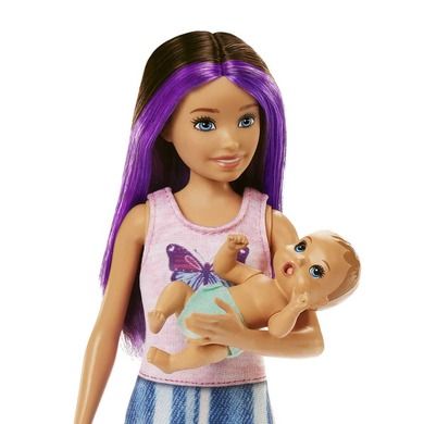 Barbie, Opiekunka, Usypianie maluszka, zestaw z lalką Skipper i bobasem, fioletowe pasemka