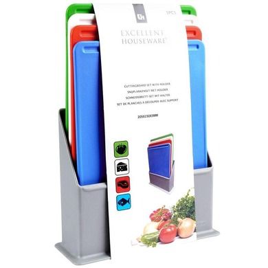 Excellent Houseware, deski do krojenia w stojaku, kolorowe plastikowe, 4 szt.