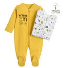 Cool Club, Pijama tip salopeta pentru baieti, bumbac organic, galben, gri, imprimeu Smiley World, set 2 buc.