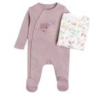 Cool Club, Pijama tip salopeta pentru fete, ecru, violet, imprimeu flori, fluturi, set 2 buc.
