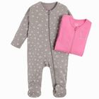 Cool Club, Pijama tip salopeta pentru fete, roz, gri, imprimeu iepuras, floricele, set 2 buc.