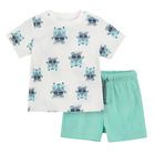 Cool Club, Set pentru baieti, tricou, pantaloni scurti, alb-albastru, imprimeu masinute