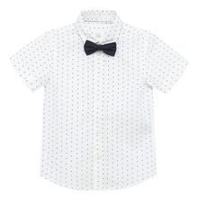 Cool Club, Set pentru baieti, camasa cu maneca scurta si papion, alb-bleumarin, imprimeu figuri geometrice
