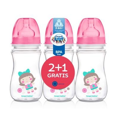 Canpol babies, Easy Start, set: 2 biberoane cu gatul larg + 1 biberon gratuit, roz, 240 cm