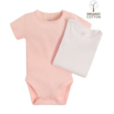 Cool Club, Body cu maneca scurta din bumbac organic pentru fete, culoare roz si alb, set 2 buc.