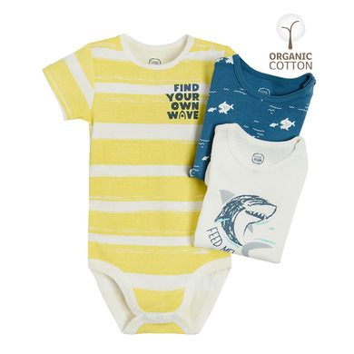 Cool Club, Body cu maneca scurta pentru baieti, bumbac organic, imprimeu rechini, set 3 buc.
