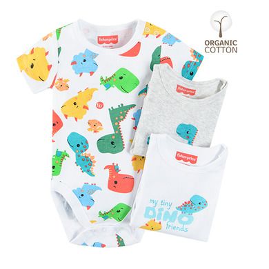 Cool Club, Body cu maneca scurta pentru baieti, bumbac organic, mix de culori, Fisher-Price, set 3 buc.