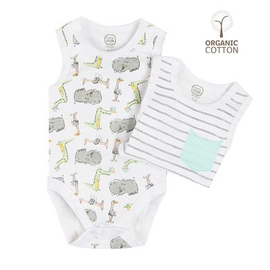 Cool Club, Body fara maneci pentru baieti, bumbac organic, mix de culori, in dungi, imprimeu animalute, set 2 buc.
