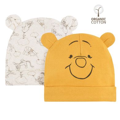 Cool Club, Caciula pentru baieti, bumbac organic, bej melanj, galben, imprimeu Winnie the Pooh, set 2 buc.