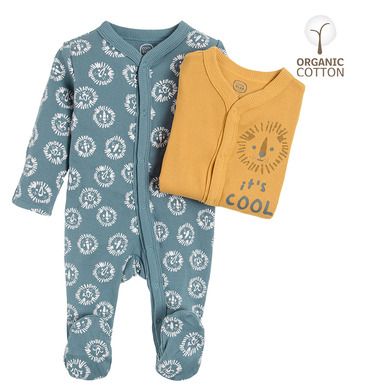 Cool Club, Pijama tip salopeta pentru baieti, bumbac organic, albastru, galben, imprimeu Cool to be kind, set 2 buc.