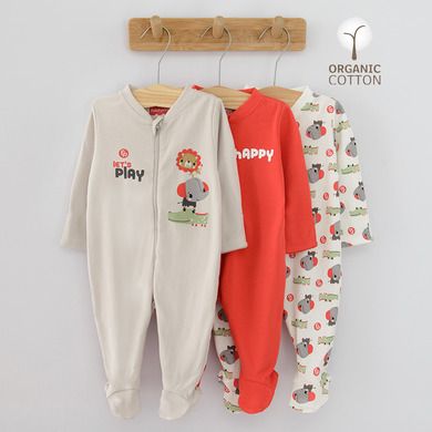Cool Club, Pijama tip salopeta pentru baieti, bumbac organic, ecru, bej, rosu, Fisher-Price, set 3 buc.