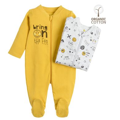 Cool Club, Pijama tip salopeta pentru baieti, bumbac organic, galben, gri, imprimeu Smiley World, set 2 buc.