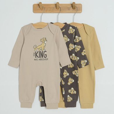 Cool Club, Pijama tip salopeta pentru baieti, granit, bej, galben, imprimeu Lion King, set 3 buc.