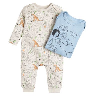 Cool Club, Pijama tip salopeta pentru baieti, gri, albastru, imprimeu Cartea junglei, set 2 buc.