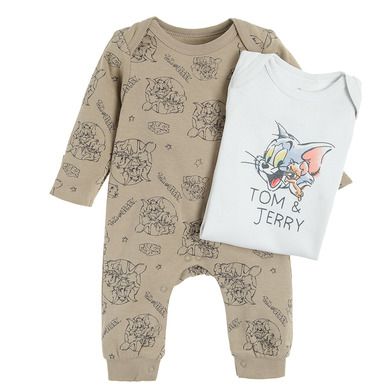 Cool Club, Pijama tip salopeta pentru baieti, maro, gri, imprimeu Tom & Jerry, set 2 buc.