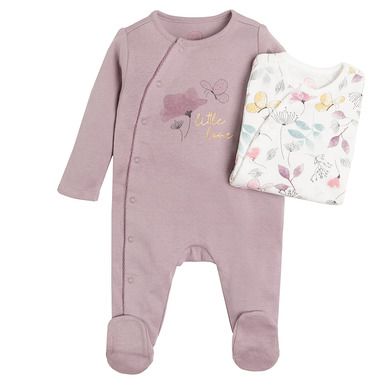 Cool Club, Pijama tip salopeta pentru fete, ecru, violet, imprimeu flori, fluturi, set 2 buc.