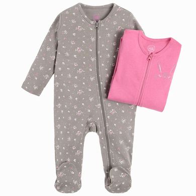 Cool Club, Pijama tip salopeta pentru fete, roz, gri, imprimeu iepuras, floricele, set 2 buc.