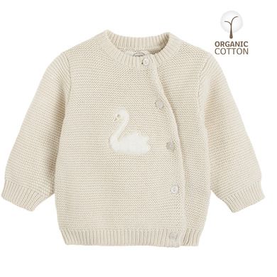 Cool Club, Pulover cu nasturi pentru fete, bumbac organic, bej, imprimeu lebada