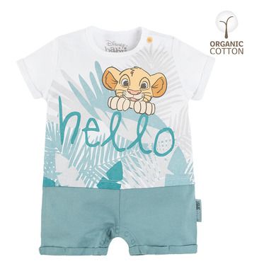 Cool Club, Salopeta Rompers pentru baieti, bumbac organic, alb-albastru, imprimeu Lion King