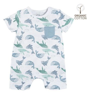 Cool Club, Salopeta Rompers pentru baieti, bumbac organic, alb, imprimeu animale acvatice