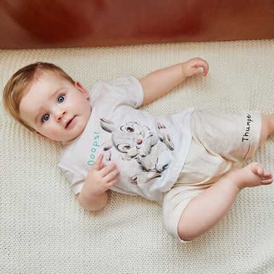 Cool Club, Salopeta rompers pentru baieti, bumbac organic, ecru, imprimeu Disney