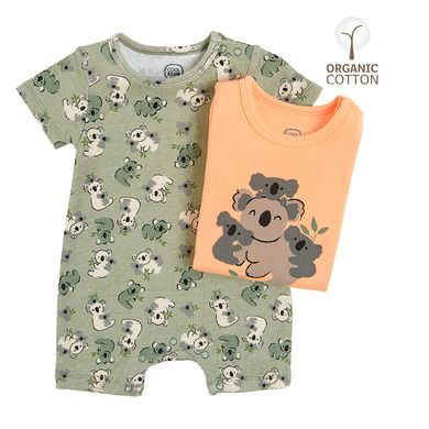 Cool Club, Salopeta Rompers pentru baieti, bumbac organic, mix de culori, imprimeu koala, set 2 buc.