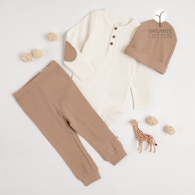 Cool Club, Set pentru baieti, Body cu maneca lunga, Pijama tip salopeta, Caciula, bumbac organic, ecru, maro
