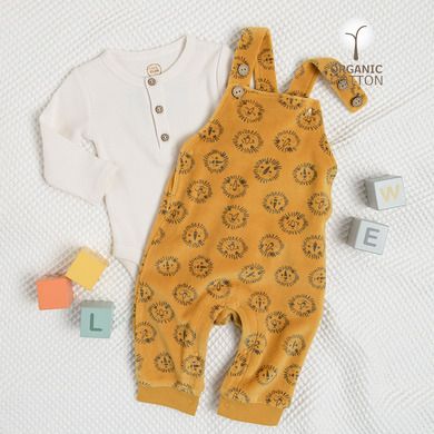 Cool Club, Set pentru baieti, body cu maneca lunga, salopeta, velur, bumbac organic, ecru, galben, imprimeu lei