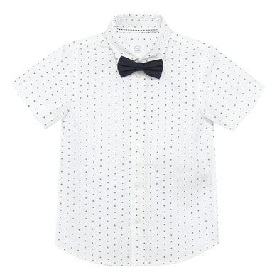 Cool Club, Set pentru baieti, camasa cu maneca scurta si papion, alb-bleumarin, imprimeu figuri geometrice