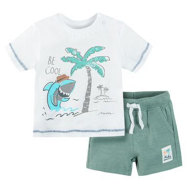 Cool Club, Set pentru baieti, tricou, pantaloni scurti, alb-verde, imprimeu rechin, Be cool