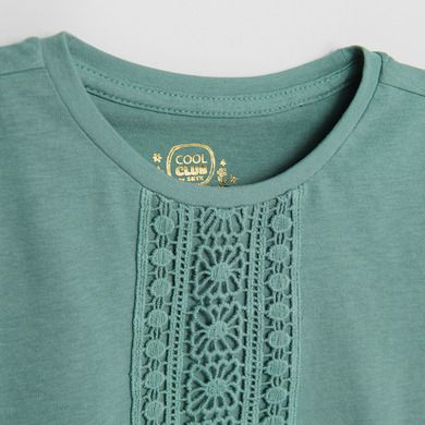 Cool Club, Bluza cu maneca scurta pentru fete, turcoaz, broderie, imprimeu flori