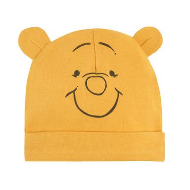 Cool Club, Caciula pentru baieti, bumbac organic, bej melanj, galben, imprimeu Winnie the Pooh, set 2 buc.
