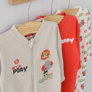 Cool Club, Pijama tip salopeta pentru baieti, bumbac organic, ecru, bej, rosu, Fisher-Price, set 3 buc.