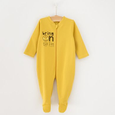 Cool Club, Pijama tip salopeta pentru baieti, bumbac organic, galben, gri, imprimeu Smiley World, set 2 buc.