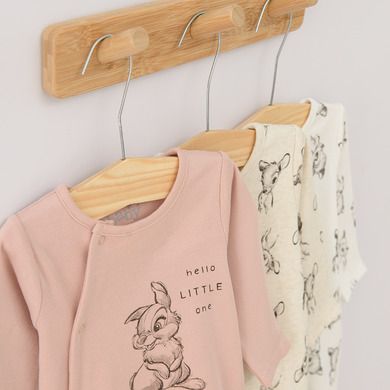 Cool Club, Pijama tip salopeta pentru fete, bumbac organic, ecru, roz, gri, imprimeu Bambi, set 3 buc.