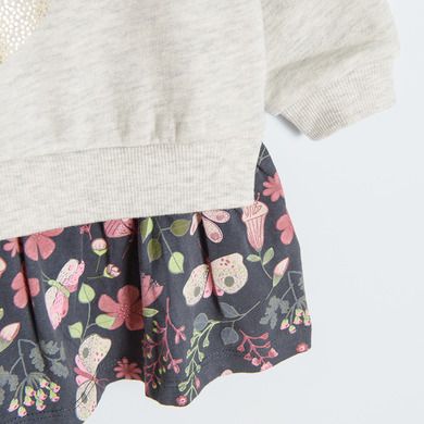 Cool Club, Rochie cu maneca lunga pentru fete, bej-grafit, imprimeu flori, fluturi