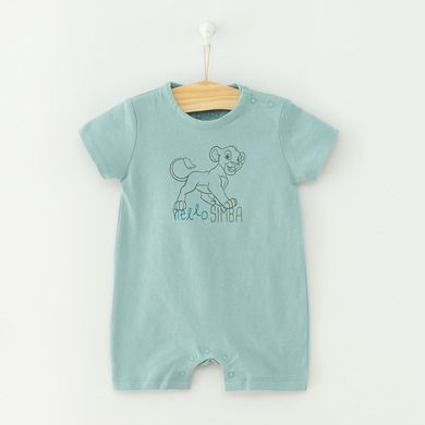 Cool Club, Salopeta Rompers pentru baieti, bumbac organic, turcoaz, gri, imprimeu Lion King, set 2 buc.