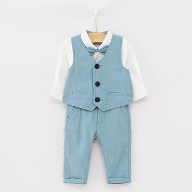 Cool Club, Set pentru baieti, body-camasa cu maneca lunga, vesta, pantaloni din material textil, papion, alb-albastru