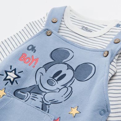 Cool Club, Set pentru baieti, body cu maneca lunga si salopeta de blugi, mix de culori, imprimeu Mickey Mouse