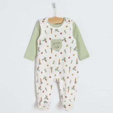 Cool Club, Set pentru bebelusi, body cu maneca lunga, salopeta cu botosei, bumbac organic, verde, ecru