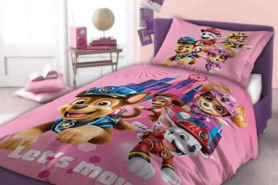 Paw Patrol, The Movie, set lenjerie de pat single, roz, 140-200 cm